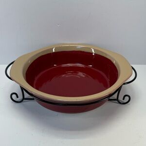 Tumbleweed pottery Red drip glaze Ceramic Serving Bowl with Beige Rim and Stand